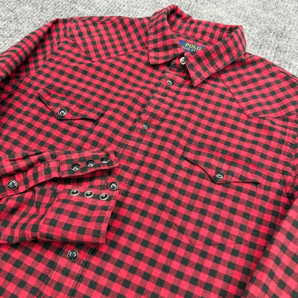 Polo Ralph Lauren Snap Shirt Womens Large Red Black Buffalo Check Plaid Western